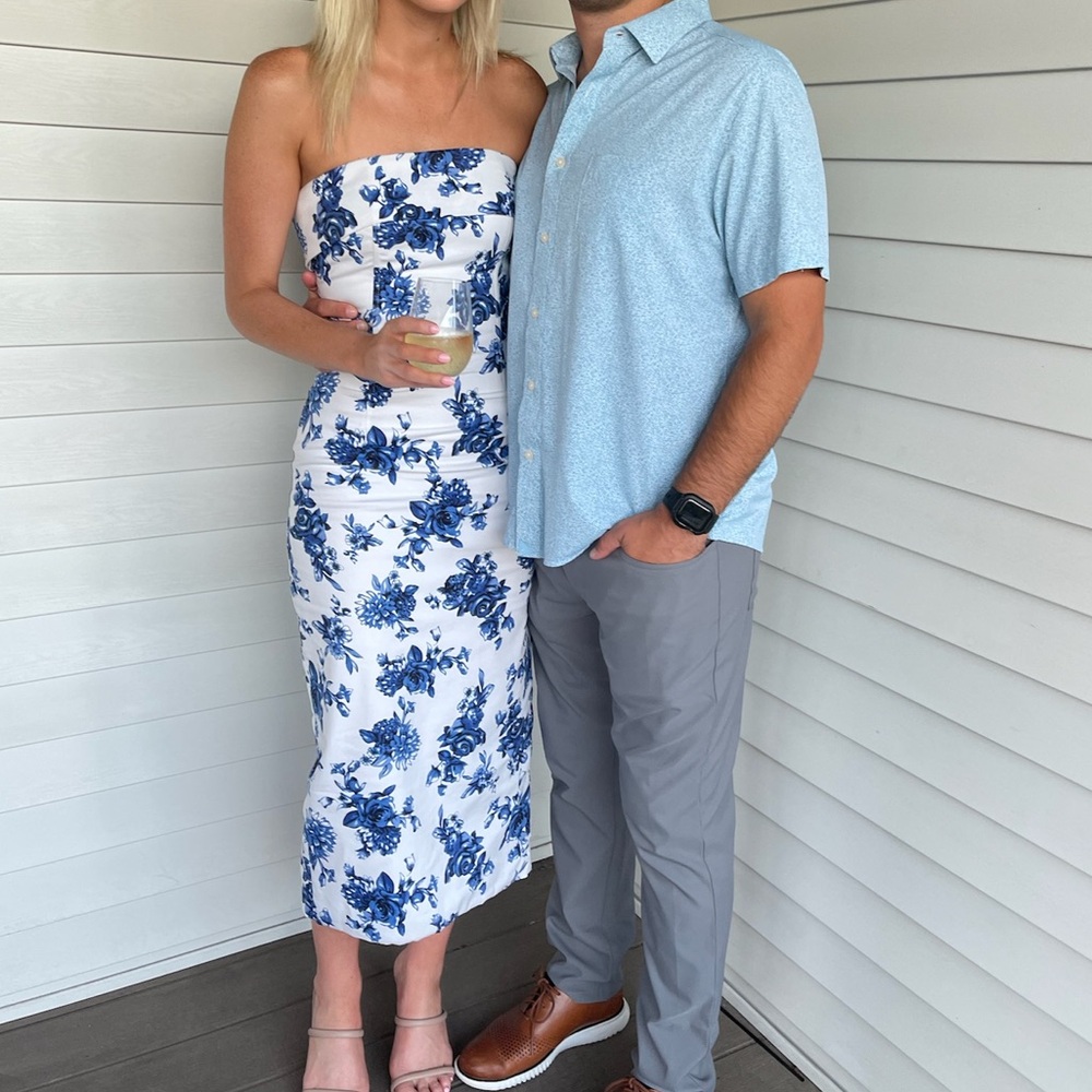 White & Blue Strapless Midi Dress – These Three Boutique – Size S